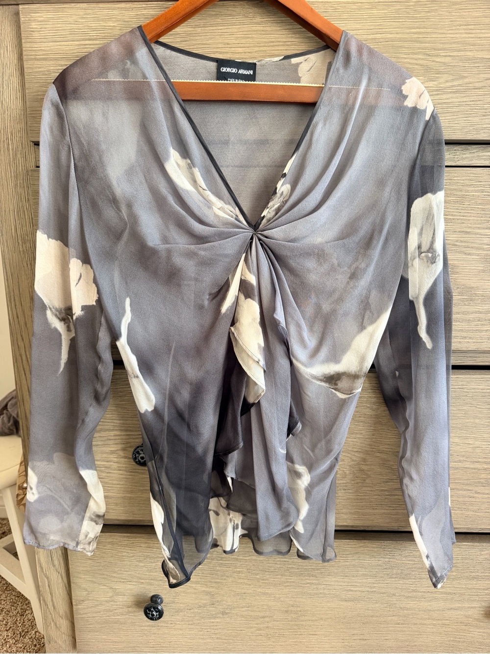Giorgio Armani Made in Italy Sheer Floral Twist Front Blouse IT 40